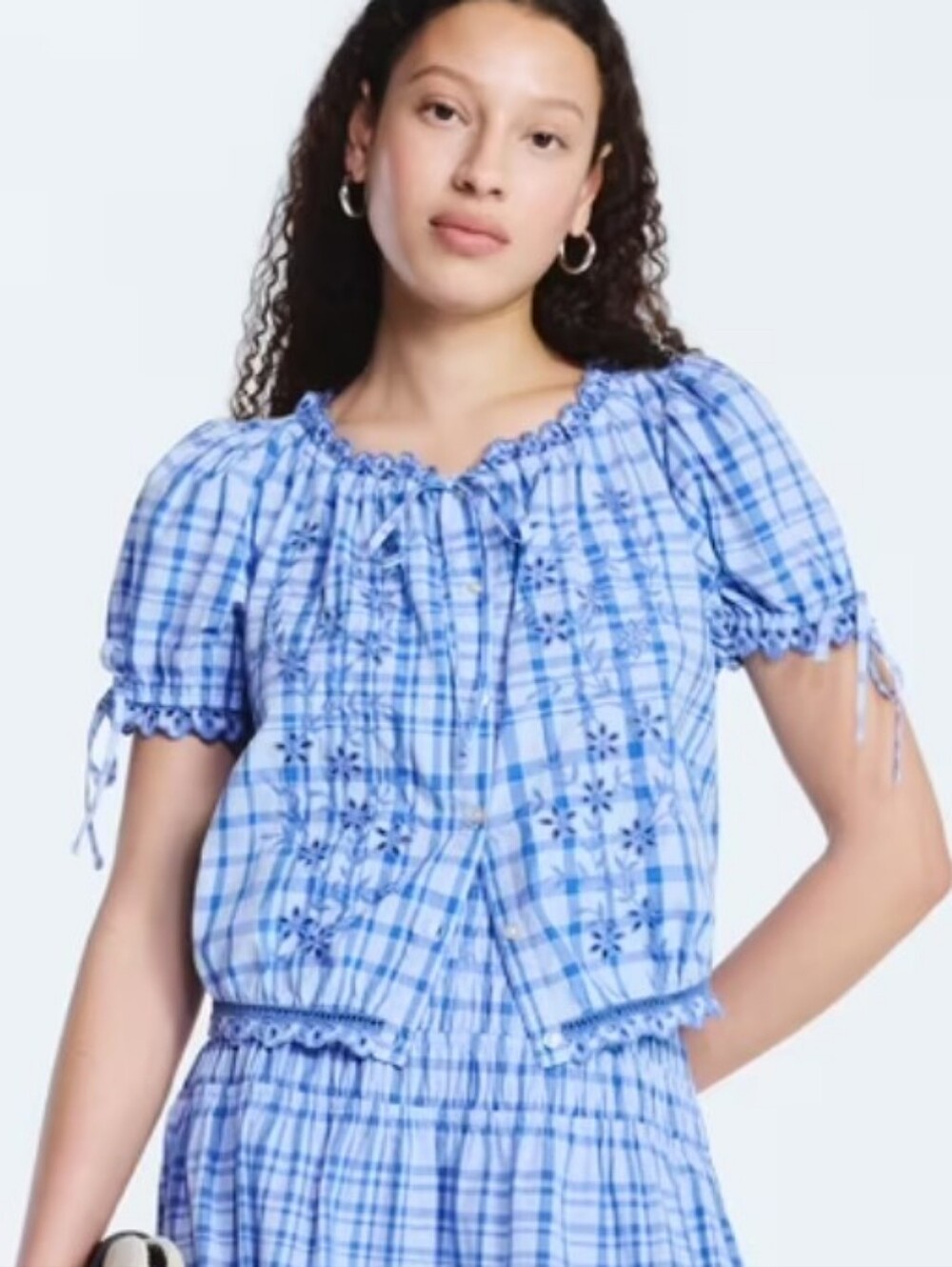 NWTs Free Assembly Blue Embroidered Plaid Cropped Cotton Top-size XXL(20)